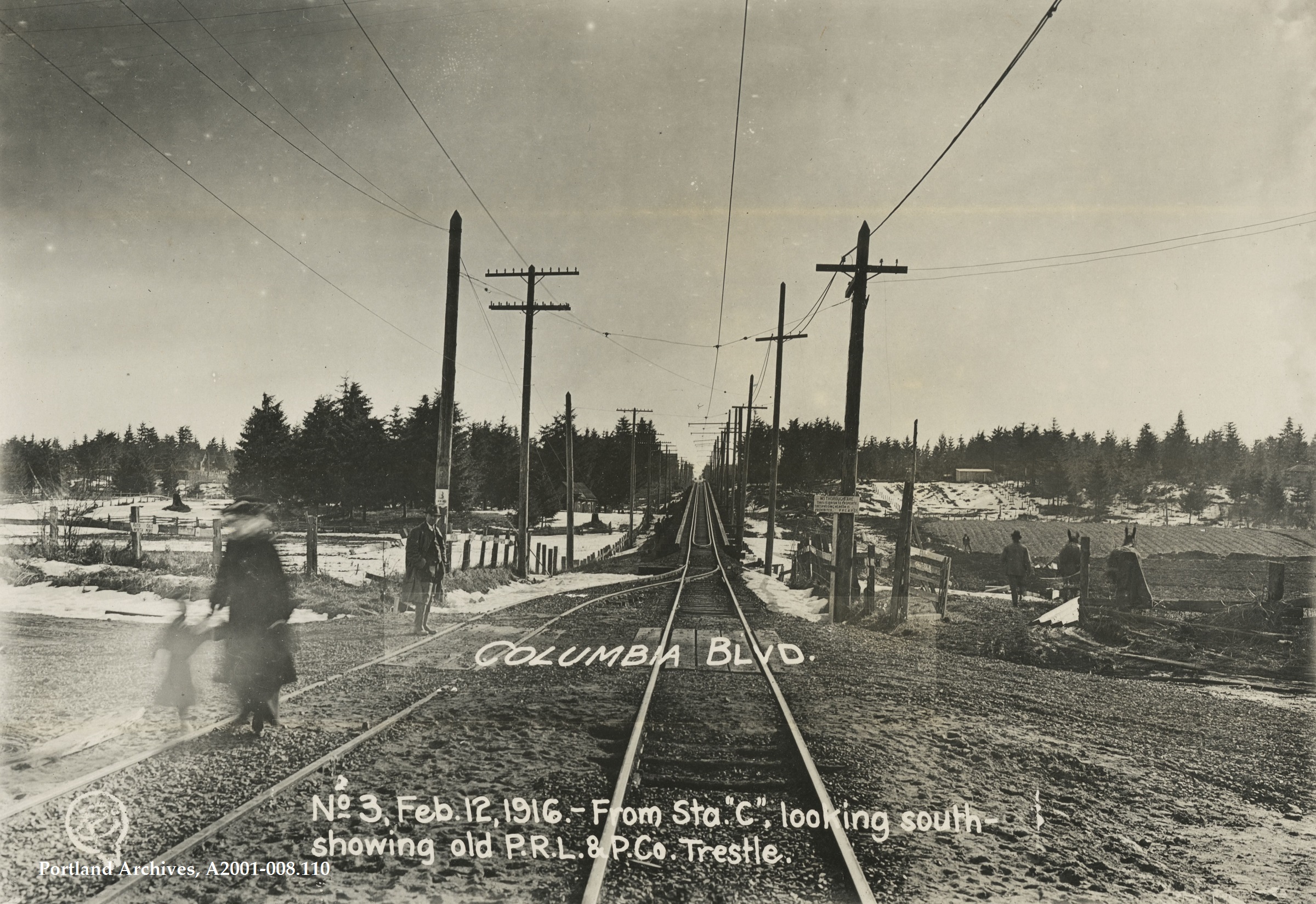 Public Works Administration (Archival) - City ~ 008.110 Looking south from Station C with view of old Portland Railway Light & Power Company street railway trestle and intersection of Columbia Blvd and Union Ave.JPG